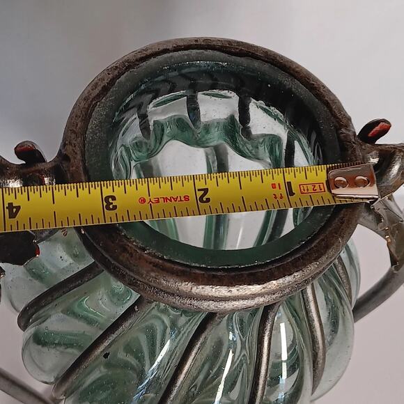 Amphora Vase Hand Blown Caged Green Glass Metal Leaves Stand 14.5" - Picture 13 of 16